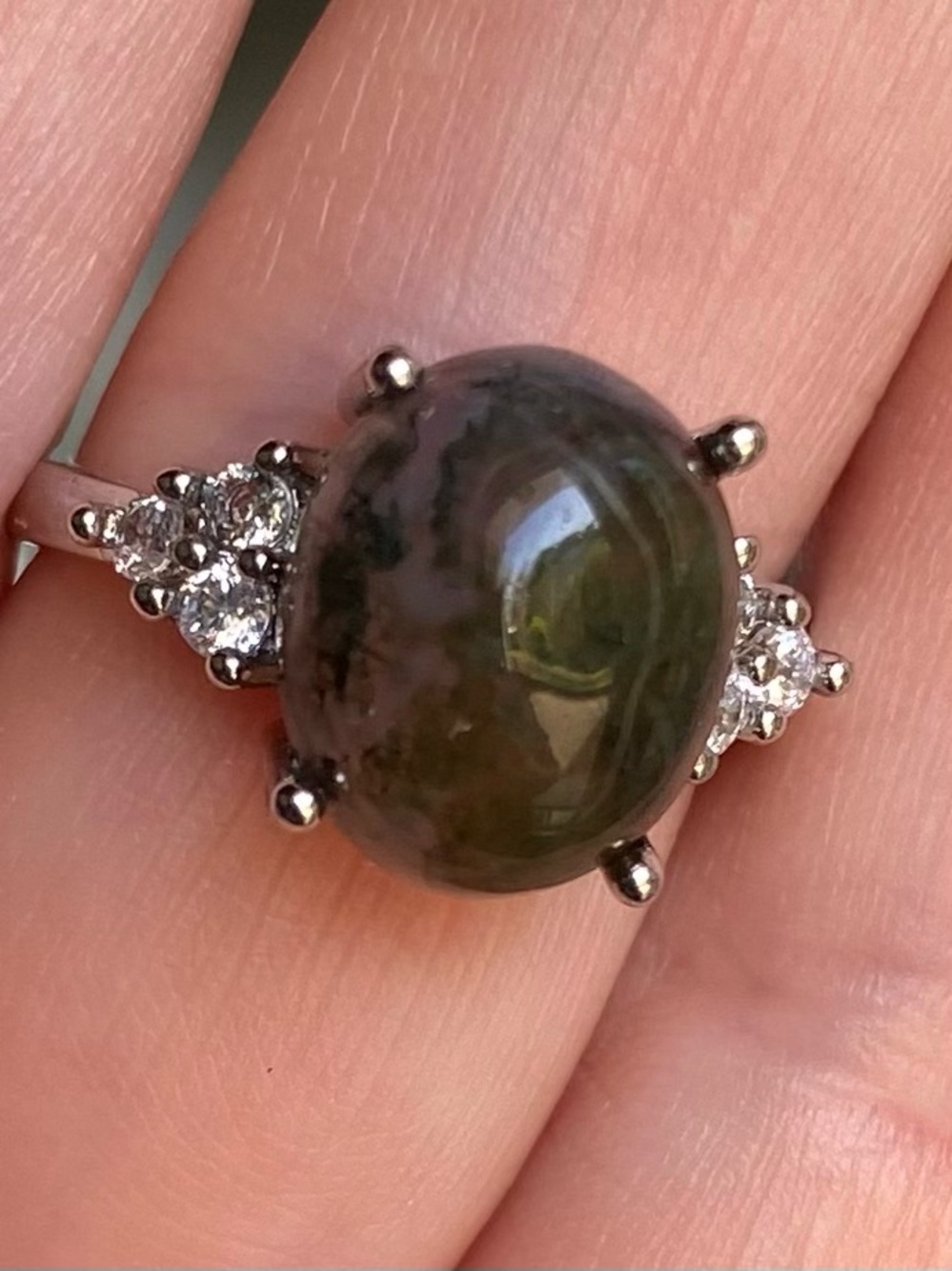 Green Moss Agate Cabochon Ring with Accent Stones - Women Jewelry, Adjustable